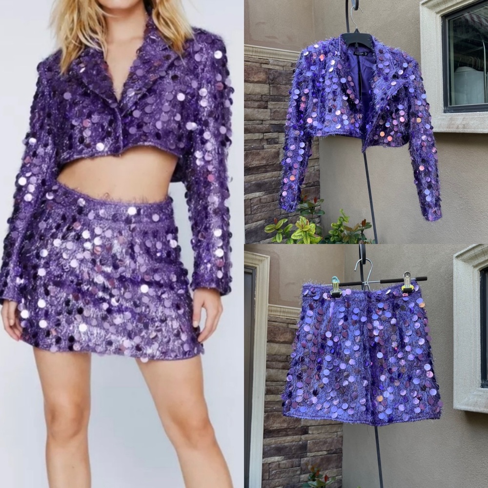 Nasty Gal Purple Sequin Crop Jacket and Skirt Set